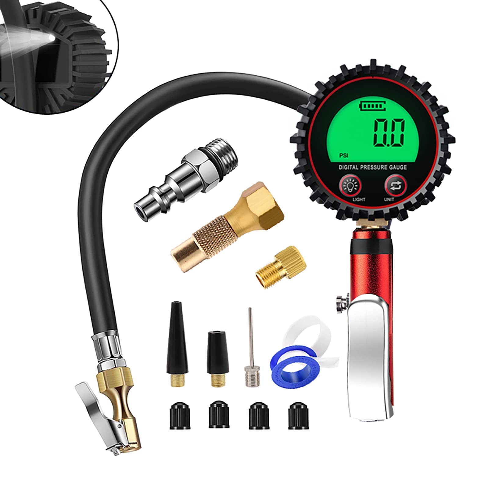 Digital Tire Inflator with Pressure Gauge 255 PSI Air Chuck and Compressor Accessories 0.1 Display Resolution Quick Connect Coupler (A Pack)