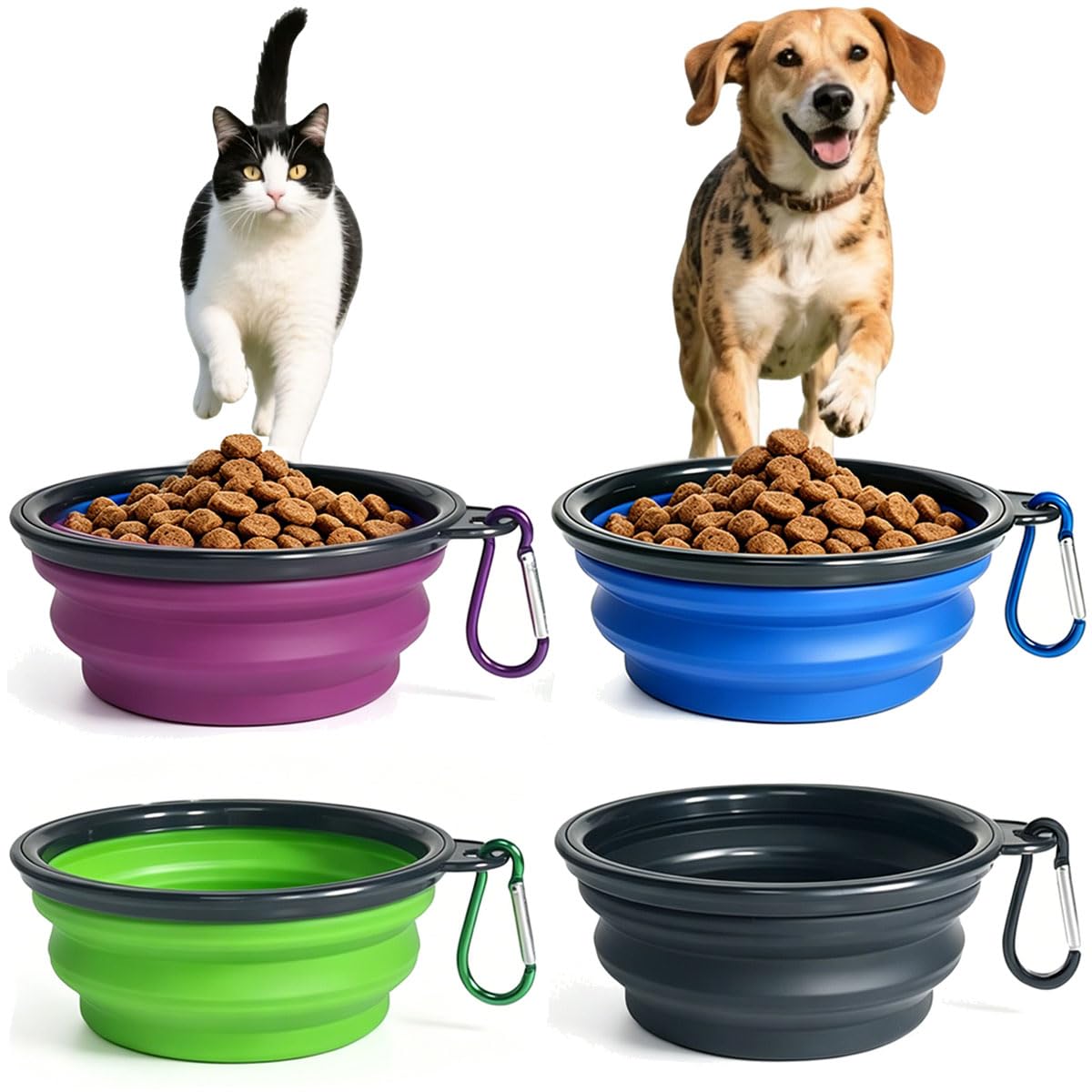 Ciotole pieghevoli per cani, 4 pezzi, 350 ml, in silicone espandibile, diametro 14,5 cm, ciotola portatile da viaggio con moschettone, per cuccioli, gatti, escursioni, campeggio