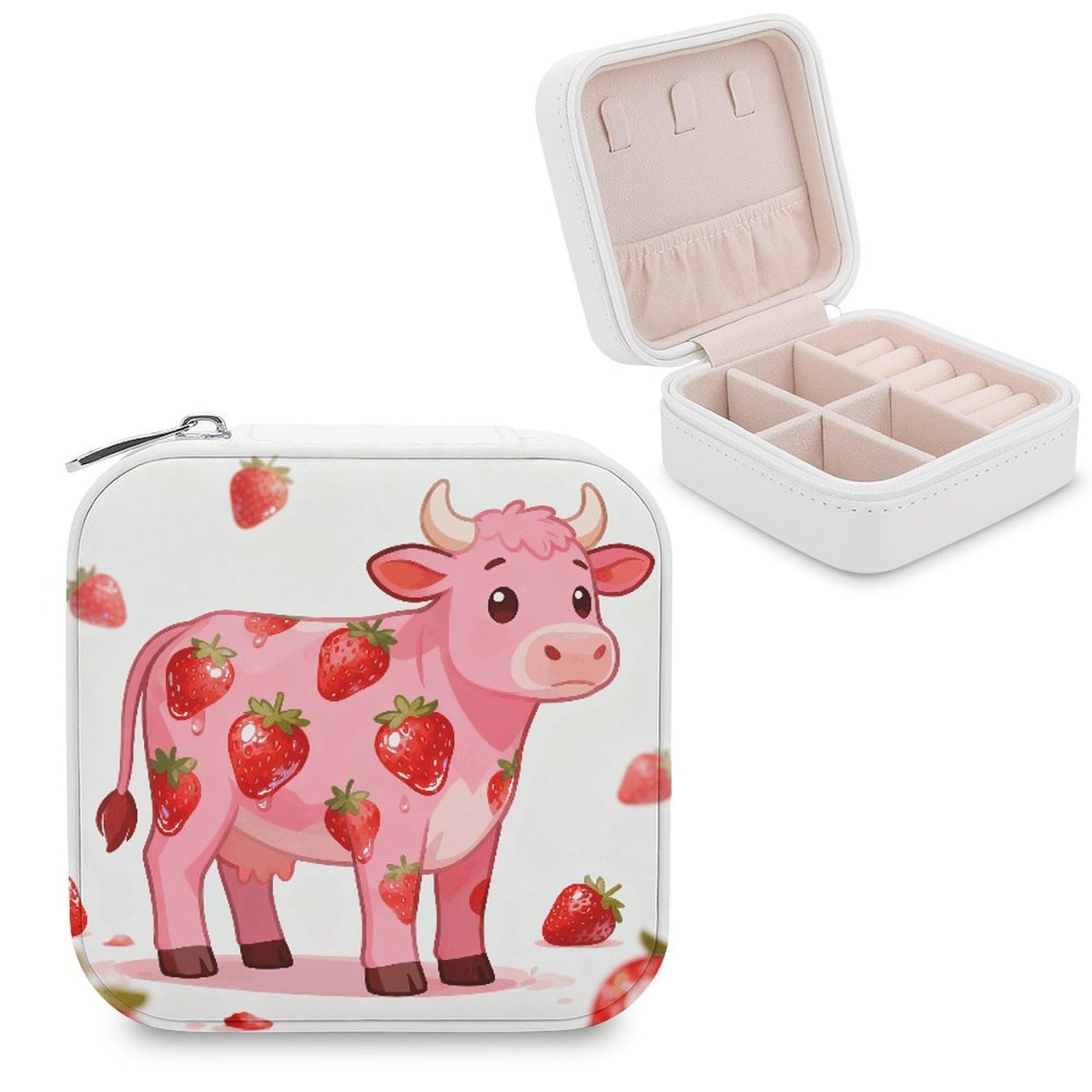 FekiLoot Pink Cows Strawberry Print Jewelry Box Exquisite Jewelry Organizer Silver Gold Trinket Storage Case Multi Compartments Cute Earrings Ring Necklace Holder For Woman Household Gift