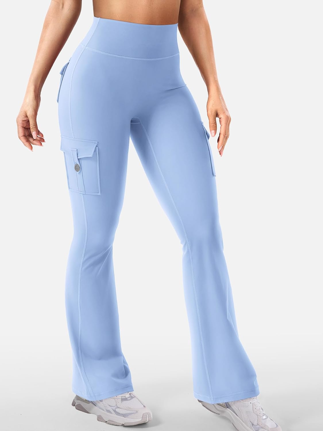 YEOREO CoreFlex Women Workout Flare Leggings with Pockets Hidden Scrunch High Waisted Cargo Gym Yoga No Front Seam Leggings - Image 4