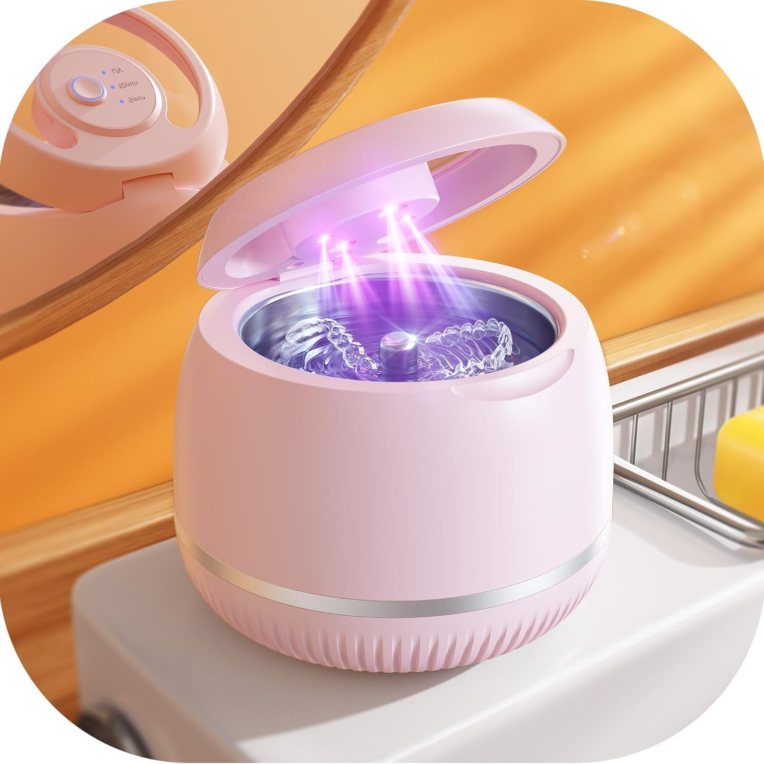 Beser Ultraschallreinigungsgerät Zahnschiene, 46kHz, Zahnschiene Reinigung, Dental Aufbewahrungsdosen Pod Cleaner für Retainer, Gebissreiniger, Zahnprothesen, Schmuck, IPX6, 200ML (Rosa)