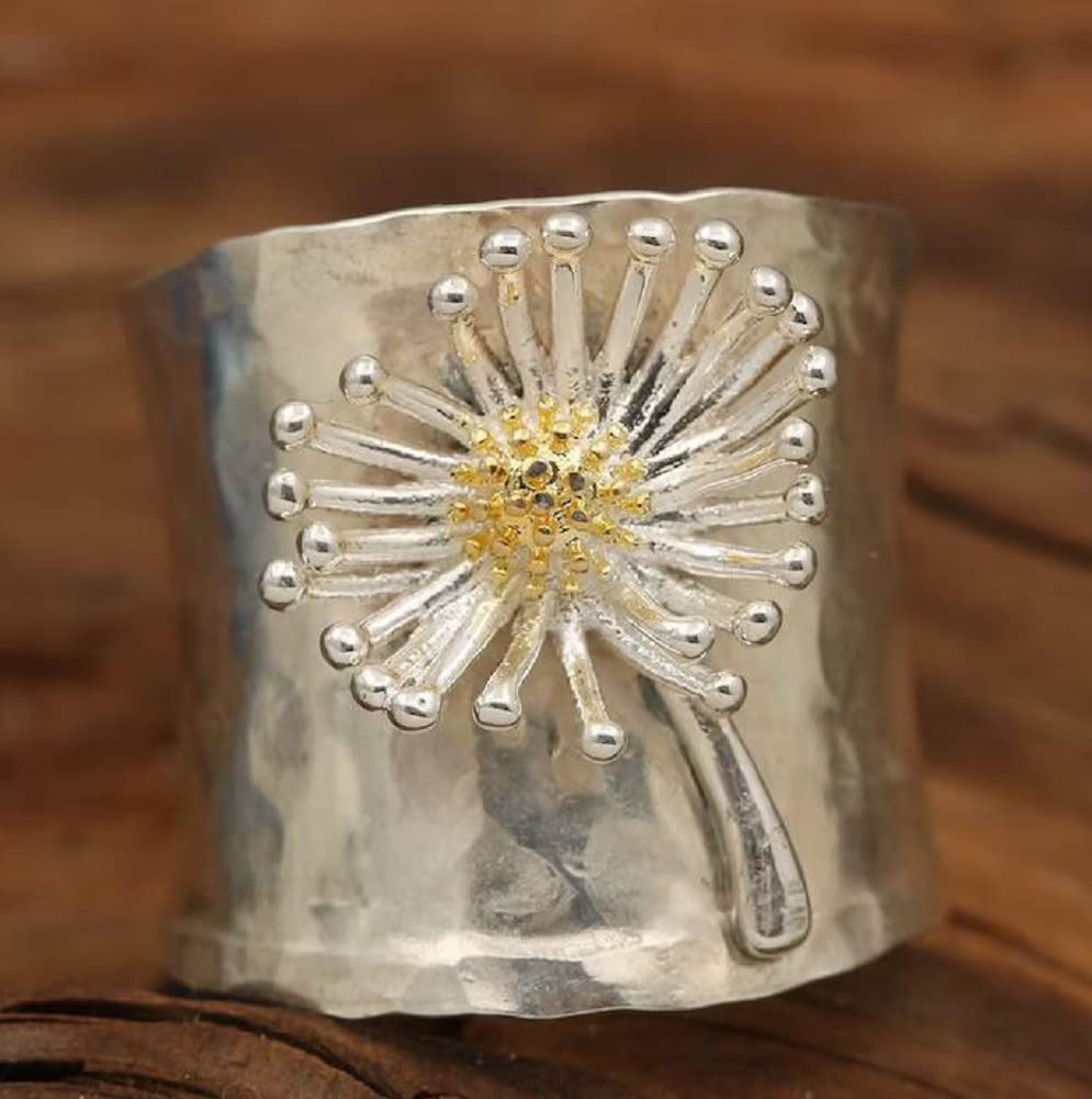 Photo 1 of ASFKIPMF S925 Sterling Silver Daisy Flower Wide Bands Ring,Chrysanthemum Thumb Ring,Blooming Wild Floral Index Finger Ring,Thumb Index Finger Floral Statement Boho Ring Jewelry Gift for Her Size 10 US Code 10