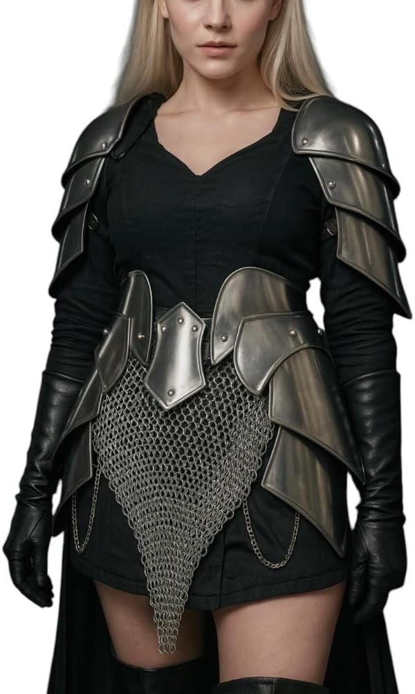 Medieval Knight Chainmail Tasset With Pauldron Set-Brave Lady Costume Tasset Belt With Chainmail Skirt-Lady Armor Perfect For LARP, Re-Enactment, Cosplay Event's, Fantasy & Halloween Party Costume