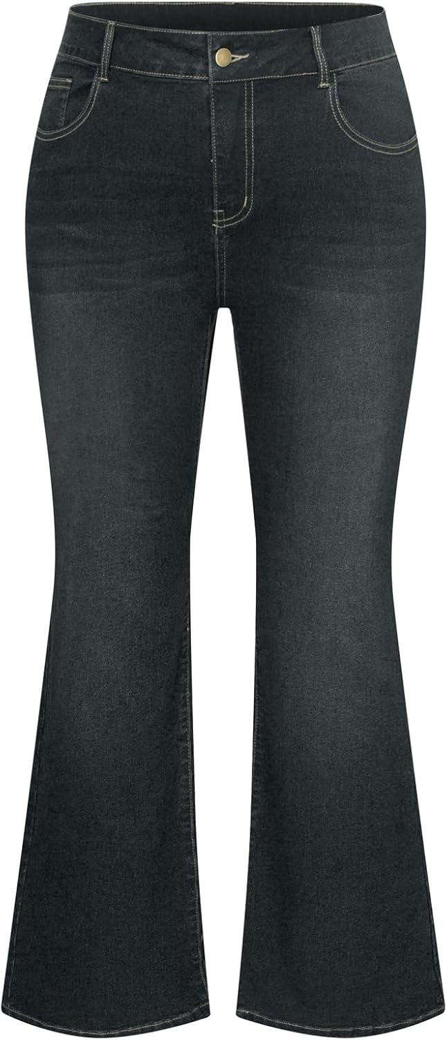 Hanna Nikole Women's Plus Size Wide Flared Jeans High Waisted Stretchy Bell Bottom Denim Jeans (Standard and Plus)