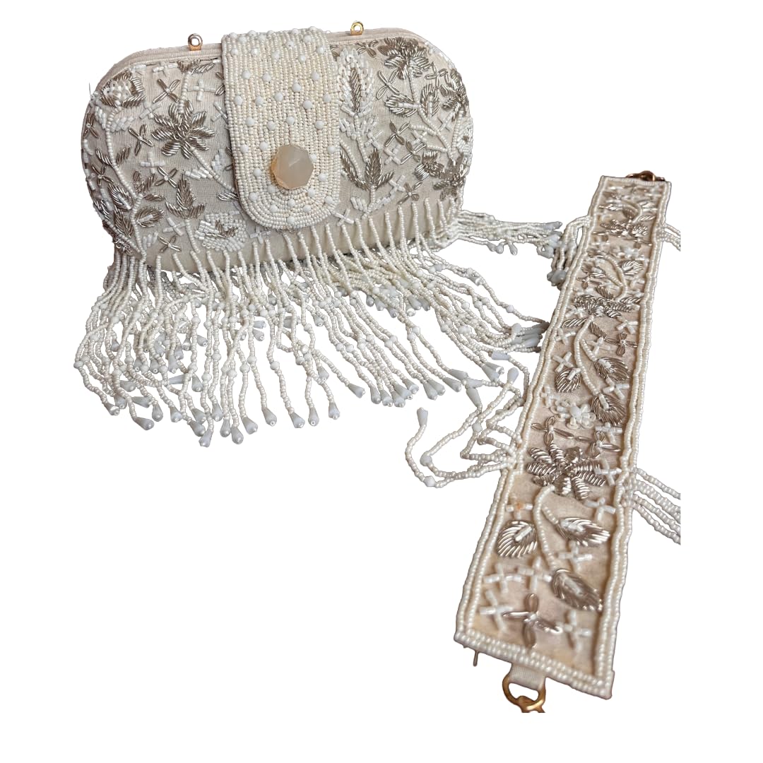 Fashion Waves Designer Studio Handcrafted Aari Embroidered Pearl White Satin Potli Handbag Detachable Shoulder Strap Pearl Tassels Wedding Women India-picture-13
