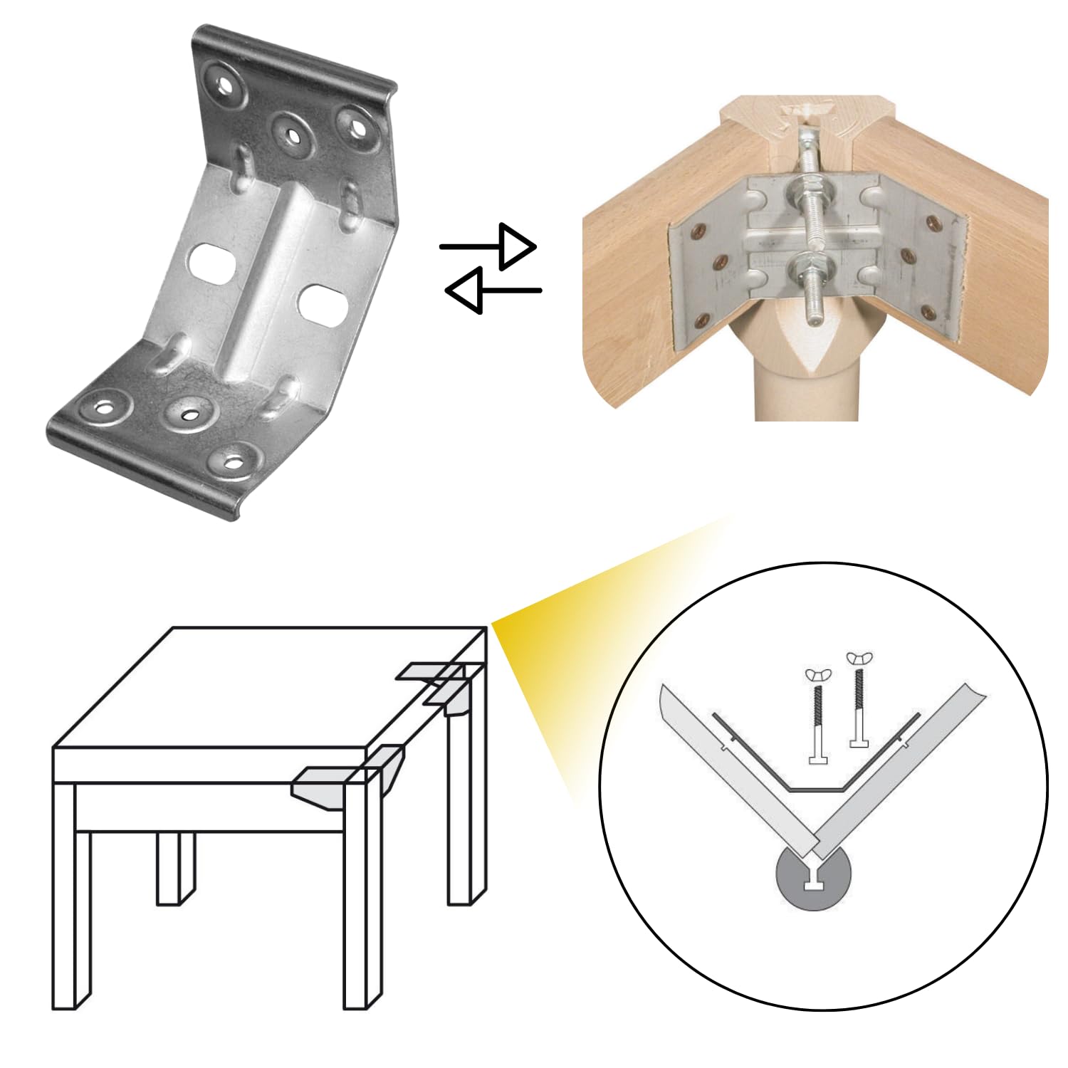 Evotrade Kit di 4pz Supporto Angolare Interno Gamba per Tavolo Kit di 4pz - Piastre di Montaggio Staffa Rinforzate In Acciaio Zincato (Altezza 66mm)