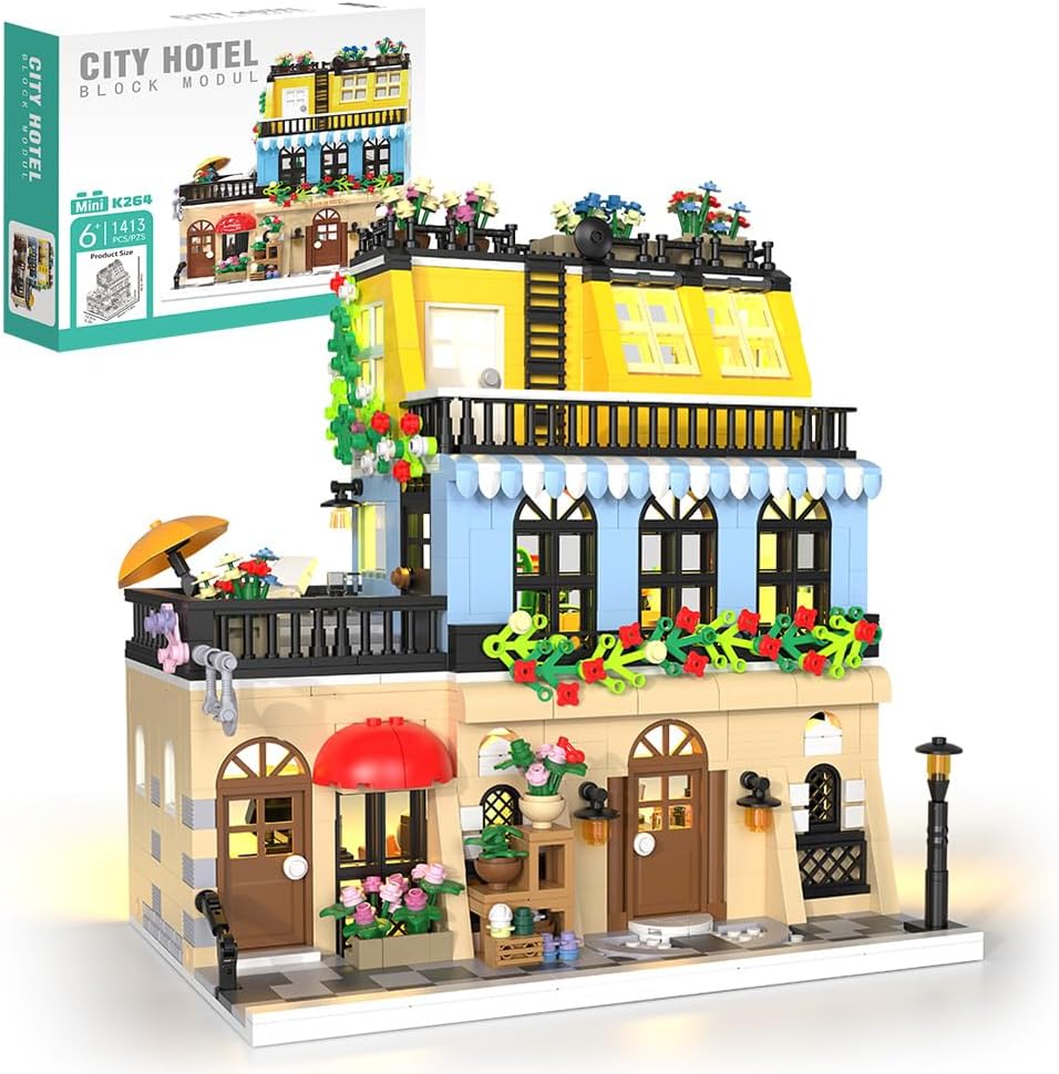 City Hotel Building Block Set with LED, Construction House Building Toy Gift for Adult Teen Age 14,Mini Bricks 1464pcs
