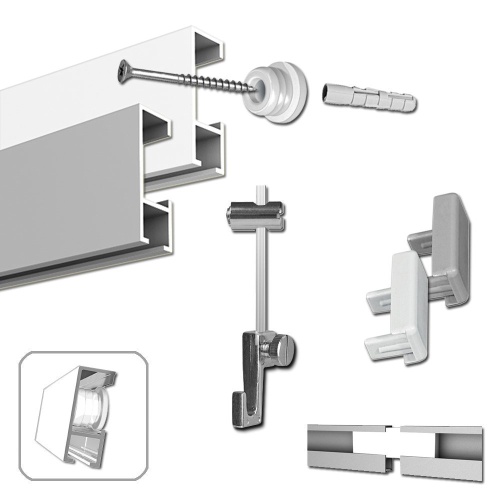 Set complet Cimaise à rail pour tableaux, photos avec accessoires 2 m Argenté mat