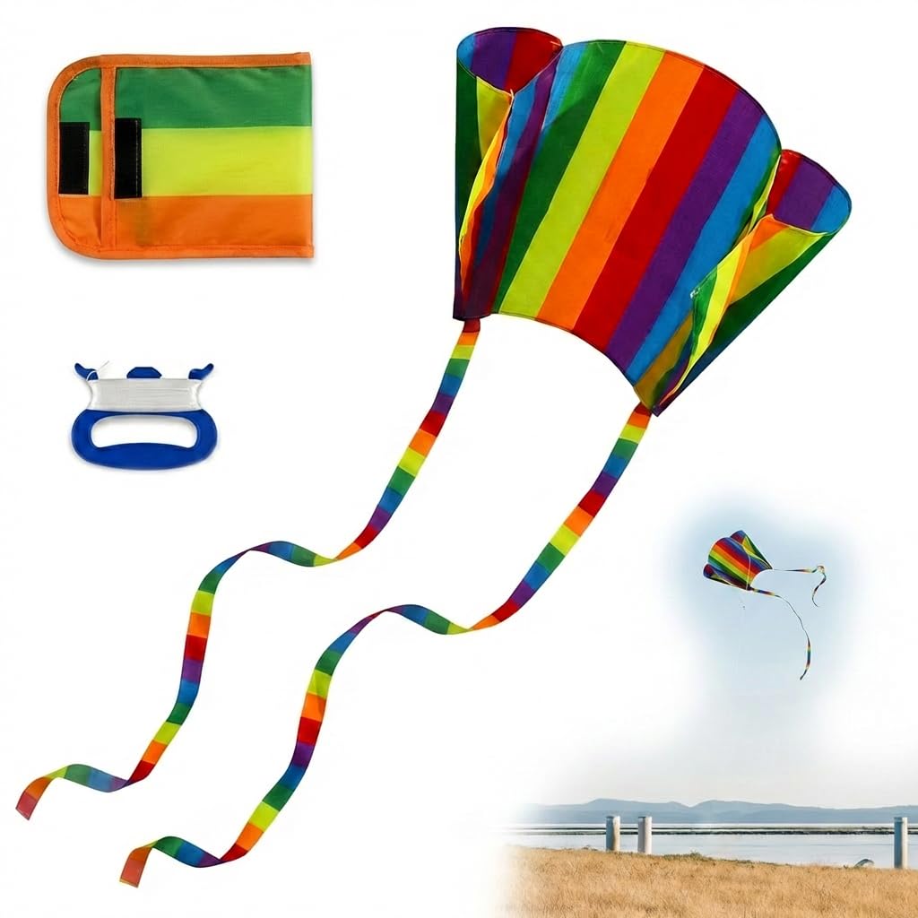 Rainbow Pocket Kite Colorful Easy Flyer Kite 32.2x20.4in with Long Tail Frameless Soft Kite Flying Line and Storage Bag for Adults Outdoor Beach Park Games Great Gift