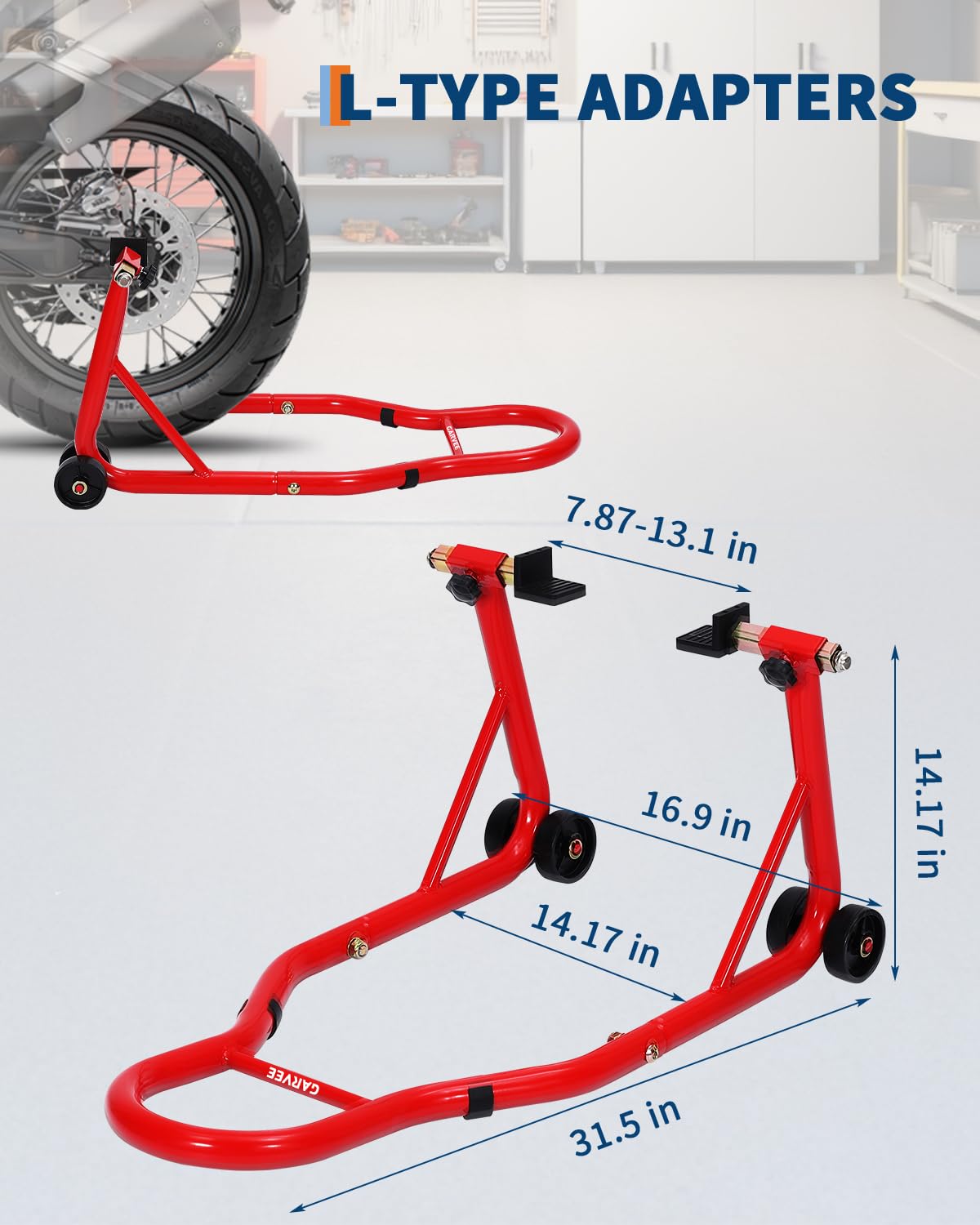 Garvee Supporti per moto anteriori e posteriori, set di sollevamento ruote anteriori e posteriori da 408,2 kg con adattatori a pin + bobina per braccio oscillante regolabile a L, supporti universali