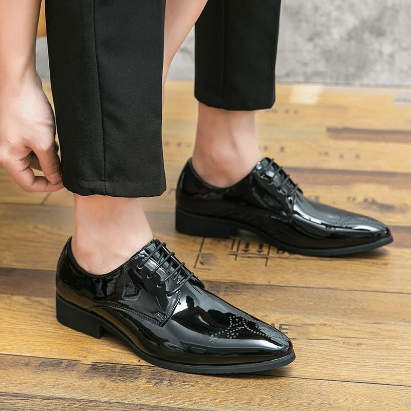 Autumn Men Bright Upper Dress Shoes Lace-up Brogue Casual Shoes Men Genuine Leather Shoes Classic Pointed Toe Business Oxford Shoes2