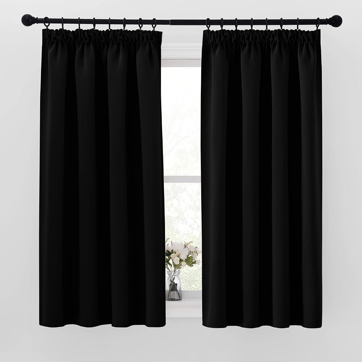 PONY DANCE Black Blackout Curtains for Bedroom 46x54 Inch Pencil Pleat Thermal Insulated Curtains with Hooks for Track Small Black out Curtains & Drapes, 2 Panels, W46 X L54, Black