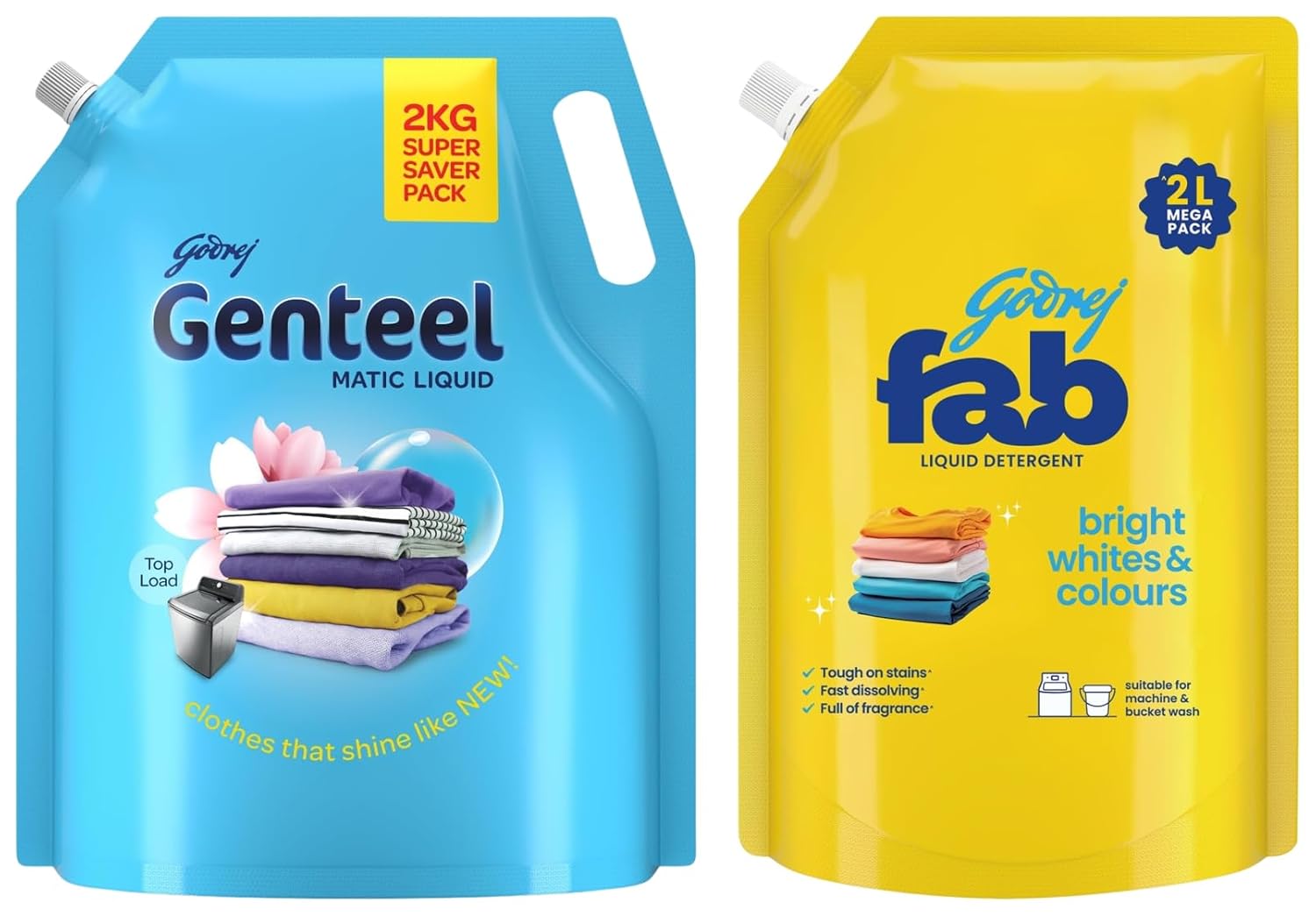 Godrej Fab Liquid Detergent Refill Pouch for Machine & Hand Wash – 2kg + Genteel Matic Liquid Detergent Refill Pouch for Top load Washing – 2kg Godrej Fab Liquid Detergent Refill Pouch for Machine & Hand Wash – 2kg + Genteel Matic Liquid Detergent Refill Pouch for Top load Washing – 2kg