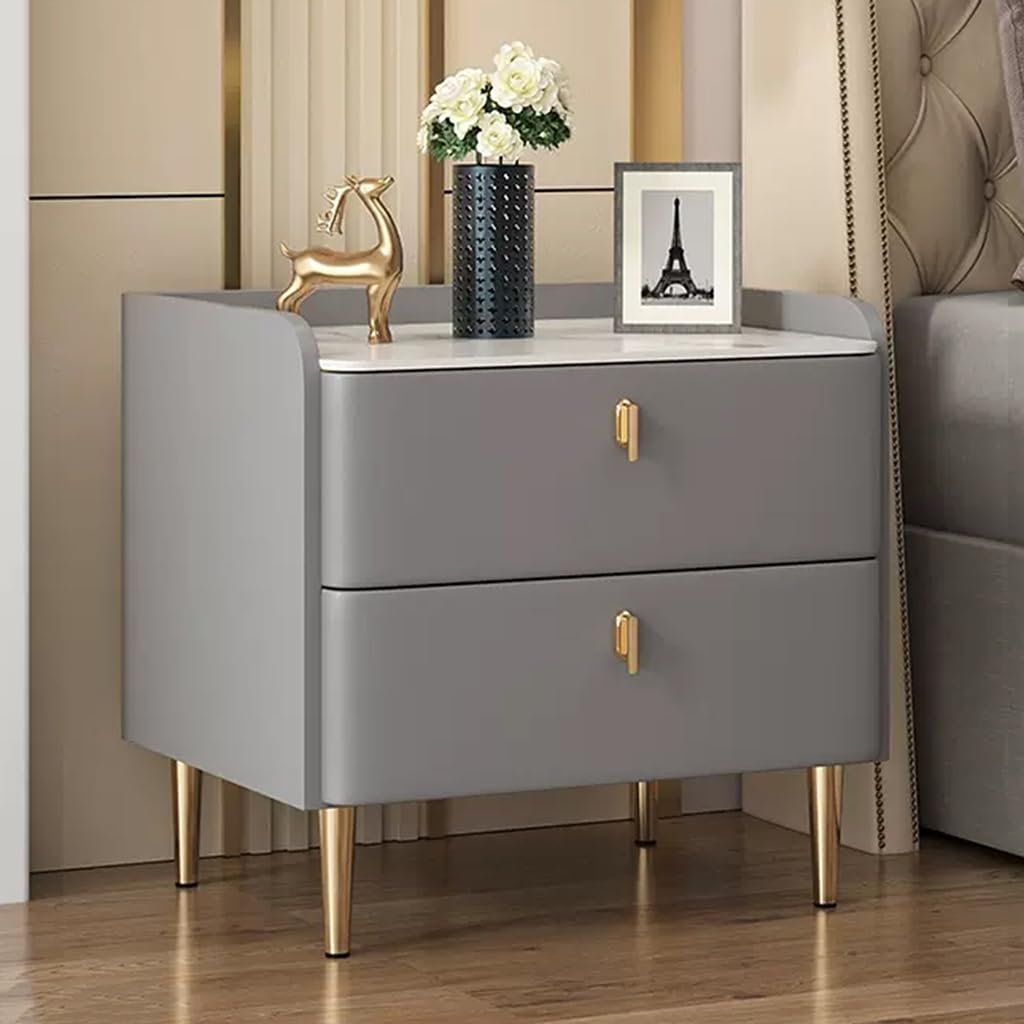 ASerZenith Nightstand Wrapped By Leather,Bedside Table W/Metal Handles And Marble Tabletop,Wood Night Stand 2 Drawer Dresser,Medium Gray-45Cm