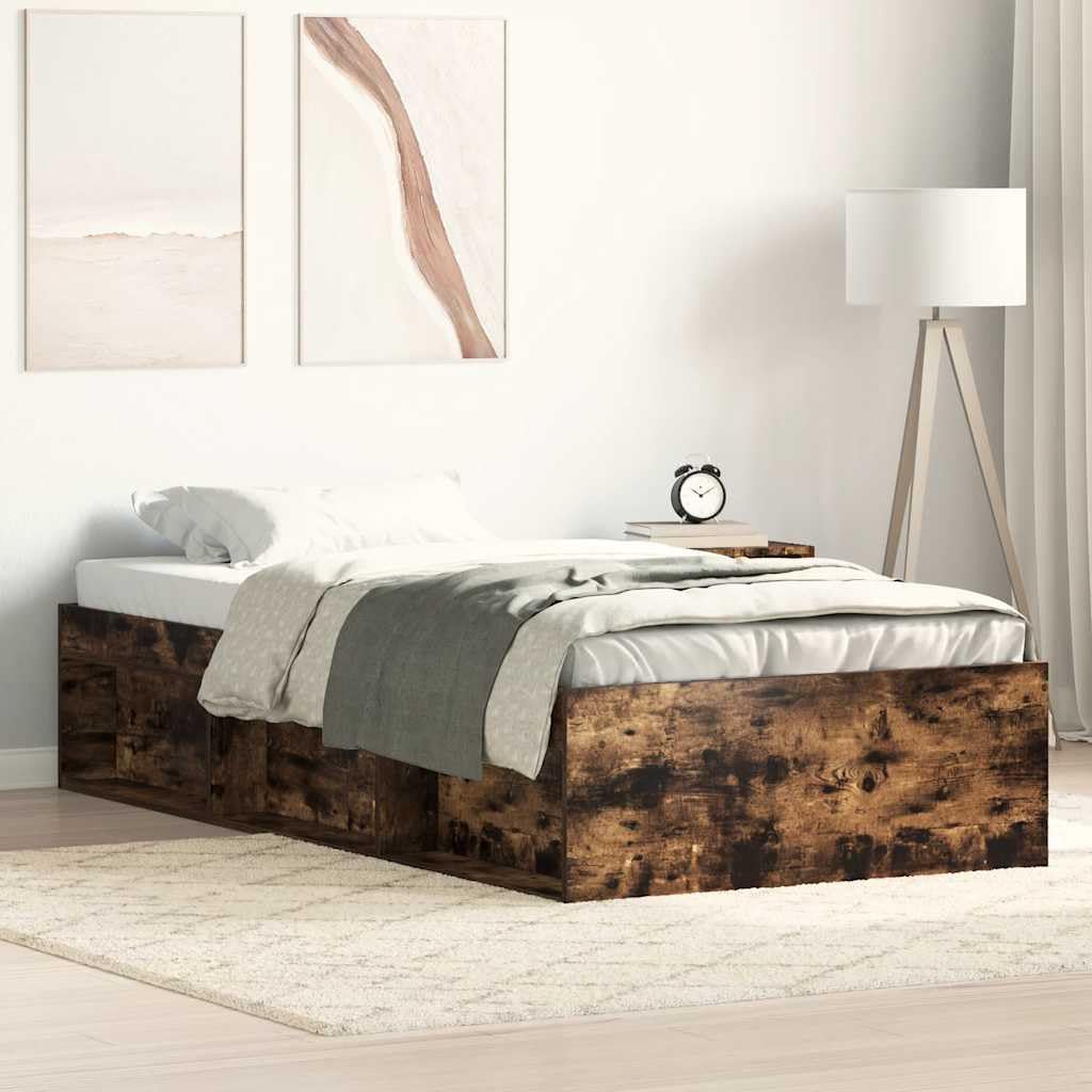 Nowoczesna rama łóżka, dąb wędzony, 90 x 190 cm, wytrzymała rama łóżka z 6 półkami, listwy ze sklejki, stabilna platforma podstawa materaca do sypialni, rozmiar Queen Size