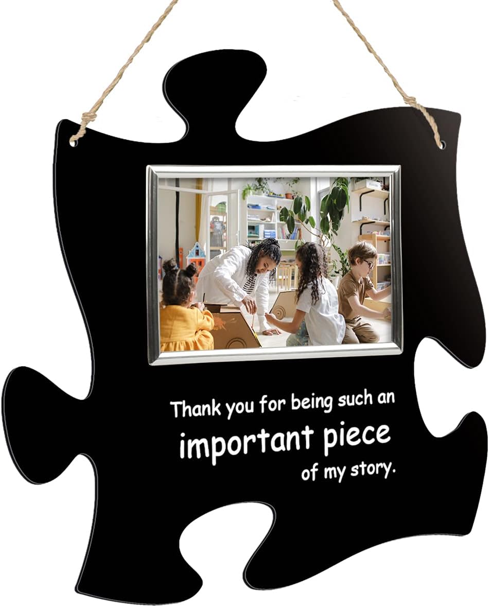 PlaqueMaker Thank You For Being A Piece Of My Story - Hanging Modern Acrylic Puzzle Piece Sign with 6 x 4 Picture Frame - A Great Teacher, Mentor, Or Leader Gift (Clear Acrylic with Silver Frame)