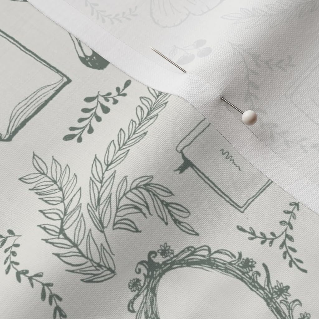 Spoonflower Fabric - Line Art Hand Drawn Leaves Books Sage School Library Butterfly Printed on Petal Cotton Fabric Fat Quarter - Sewing Quilting Apparel Crafts Decor