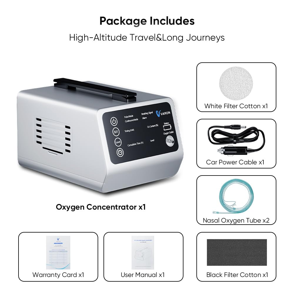 Concentratore di ossigeno portatile 1-5L per auto/viaggio con batteria e borsa, ossigenatore 90% ± 5% con kit completo di accessori