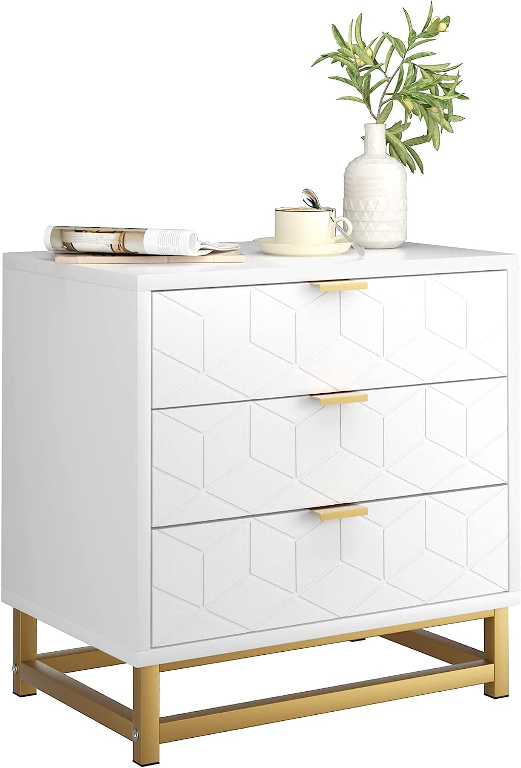 3 Drawer Nightstand, Clothes Storage Cabinet with Drawers, Modern Wide Chest of Drawers, Tall Storage Chest, Nightstand for Bedroom, Closet, Entryway White, 3-Drawer
