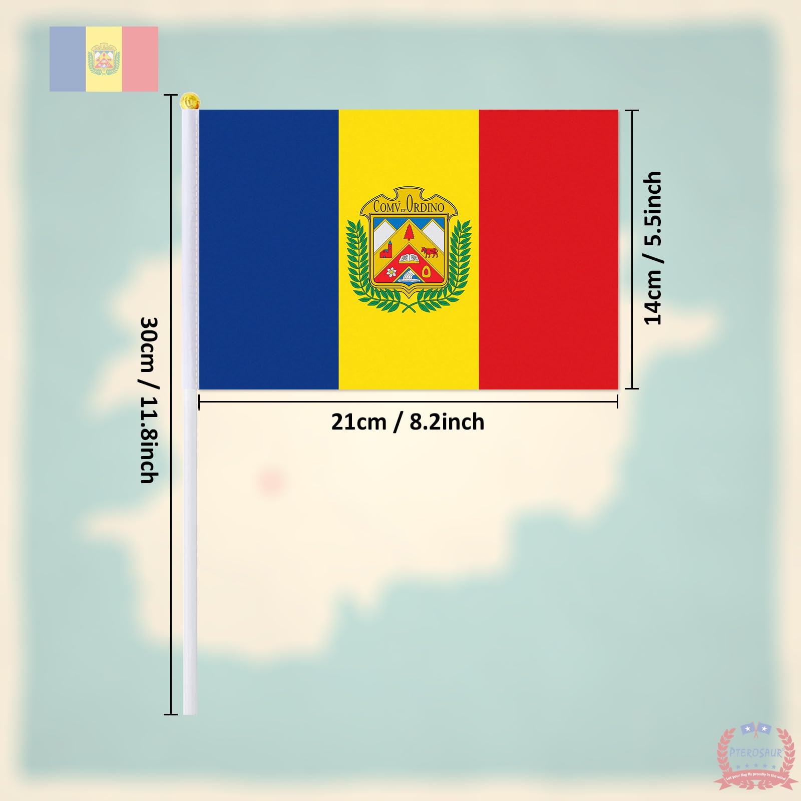 PTEROSAUR Ordino Handflagge, 14 x 21 cm, Ordino-Handflagge, klein, 100 Stück
