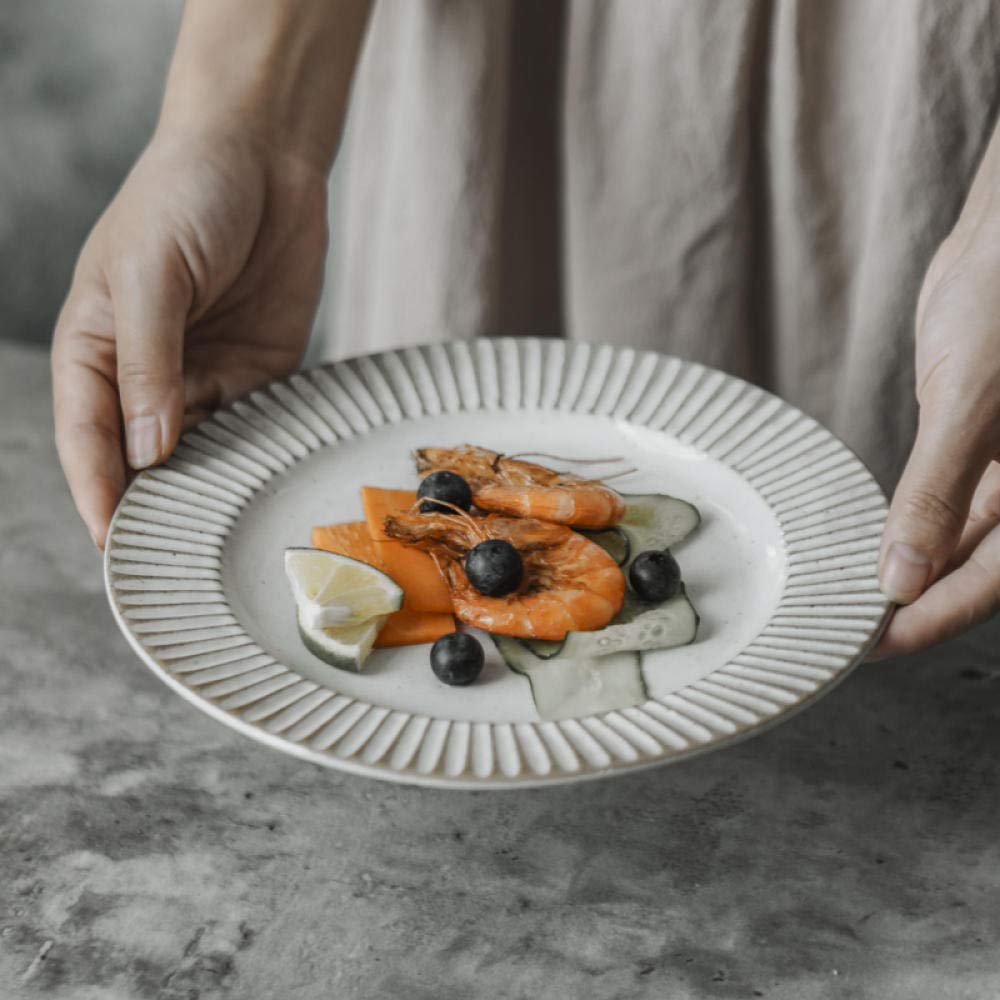 Stoneware Disc Handmade Ceramic Tableware Dim Sum Plate Steak Bread & Butter Plate Flat Plate Vertical Pattern Shallow Plate 8 Inches-White