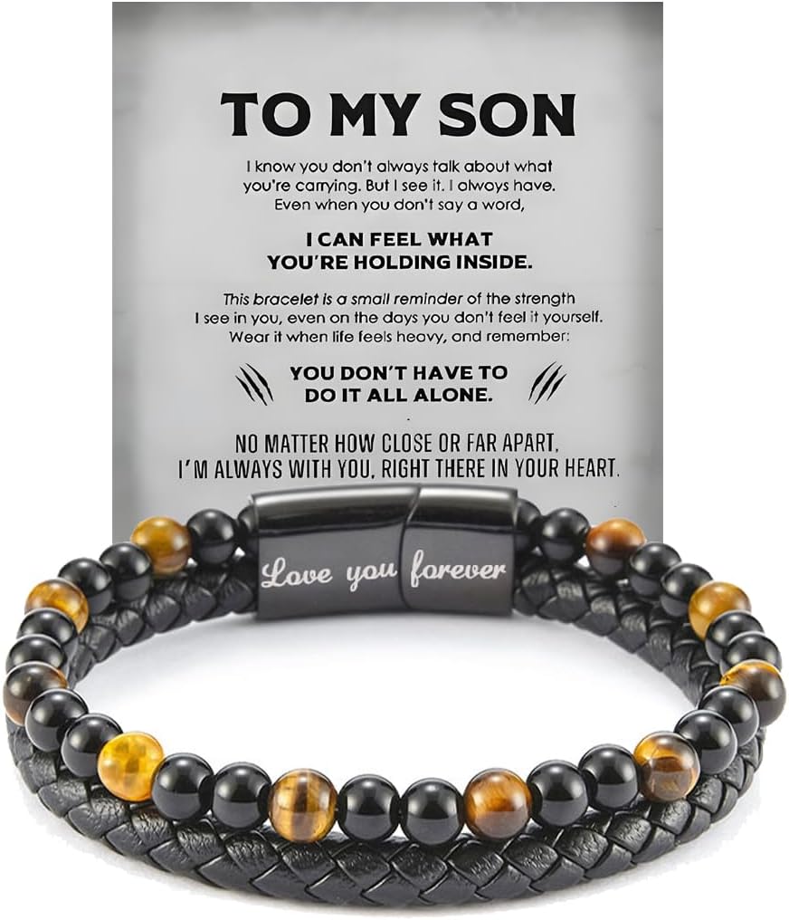 LIU JUN The Guardian - Son's Tiger Eye Protection Bracelet From Mom, Love You Forever Linked Together Leather Black Beaded Cuff Bangle Mens Birthday Weave Gift Jewelry