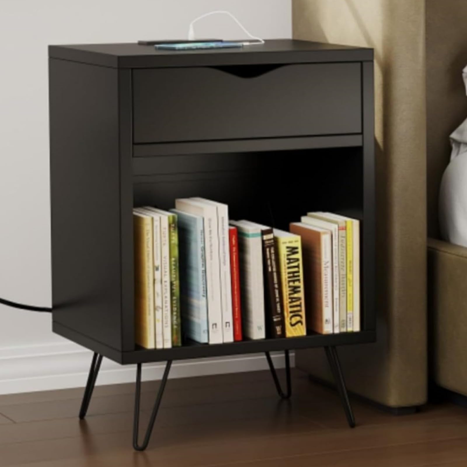 Irontar Nightstand with Charging Station & USB Ports, End Tables, Vinyl Record Player Stand with 3 Cabinet Up to 70 Albums, Bed Side Tables with Drawers for Bedroom,Living Room, Black BZZ004BE