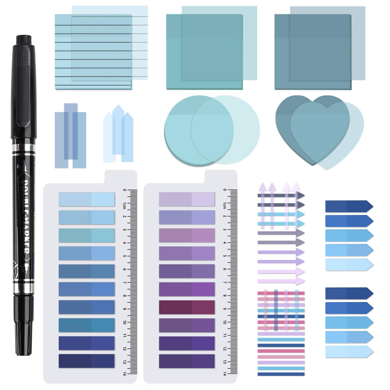 Photo 1 of Valtiner 1450 Sheets Transparent Sticky Notes, 3 x 3 inch Aesthetic Clear Lined Sticky Notes with Pen, Gradient Color Waterproof Self-Adhesive Annotation Tabs for Bible Journaling (Blue & Purple)
