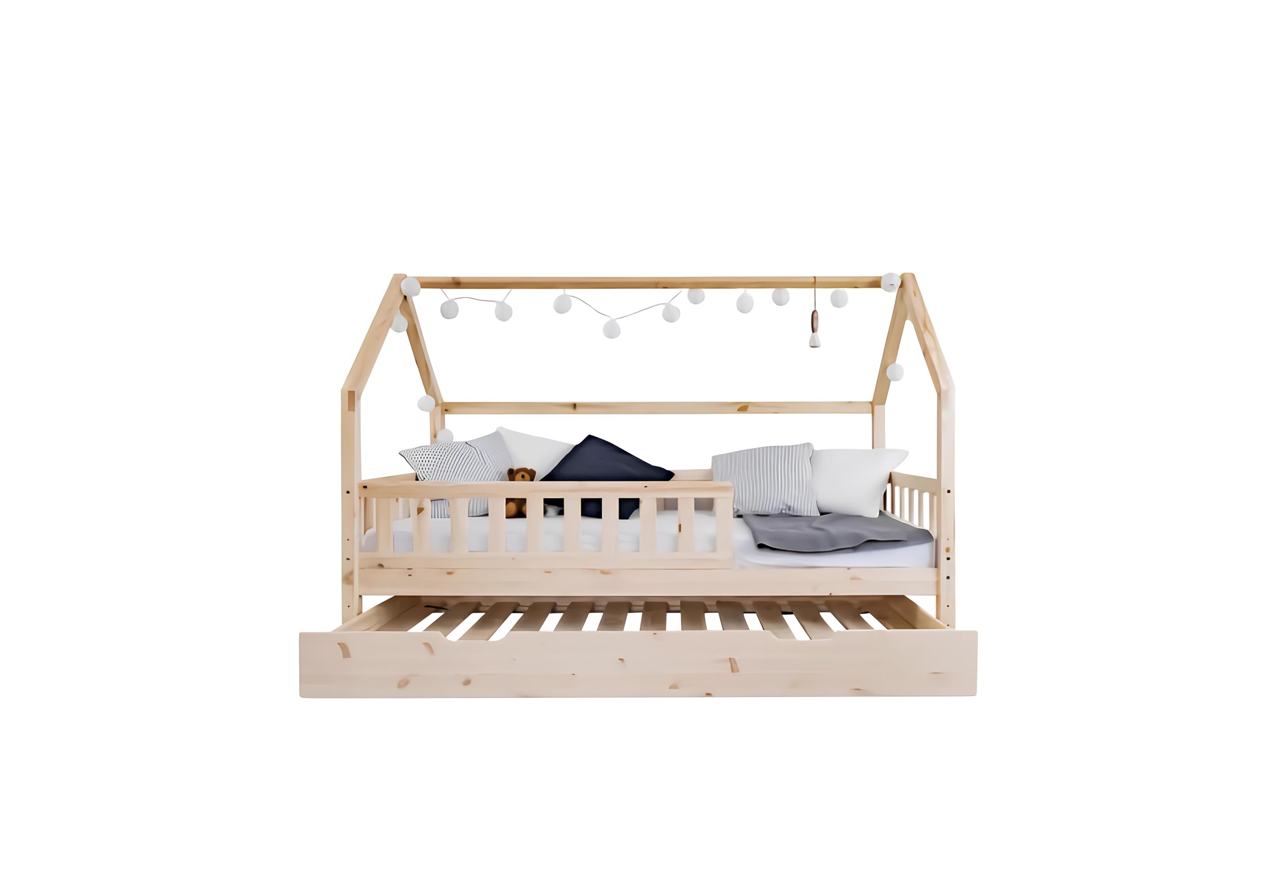 Letto Per Bambini a Forma di Casetta con Secondo Letto Estraibile - Spazio Per Dormire Extra - Versatile Per Ragazzi e Ragazze - in Legno di Pino Naturale - 90x190cm