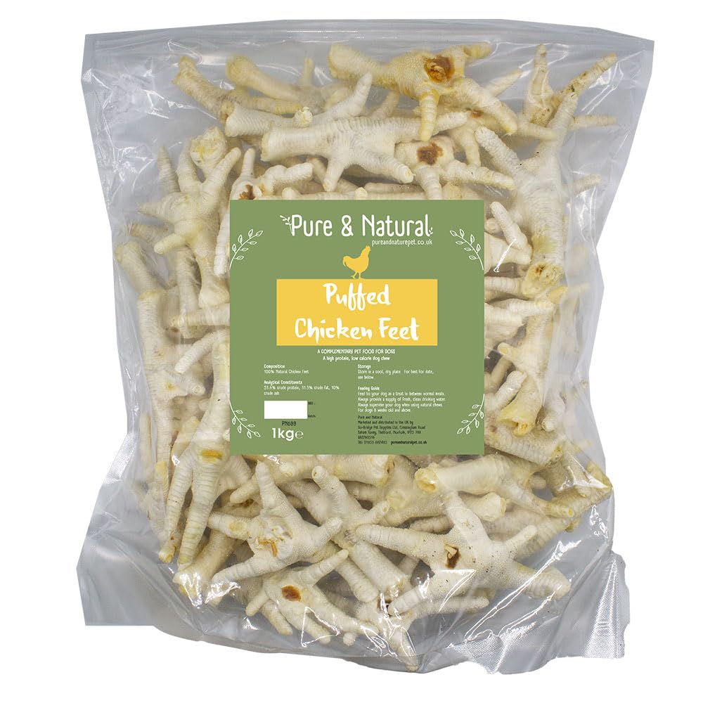 Pure & Natural Puffed Chicken Feet for Dogs - High Protein & Low Calorie, Soft & Light Healthy Dog Treats for Puppy and Senior Dogs - 1kg Bulk Box