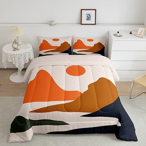 Erosebridal Juego de edredón de estilo japonés, juego de ropa de cama bohemio vintage de paisaje de montaña para mujeres y hombres, juego de edredón