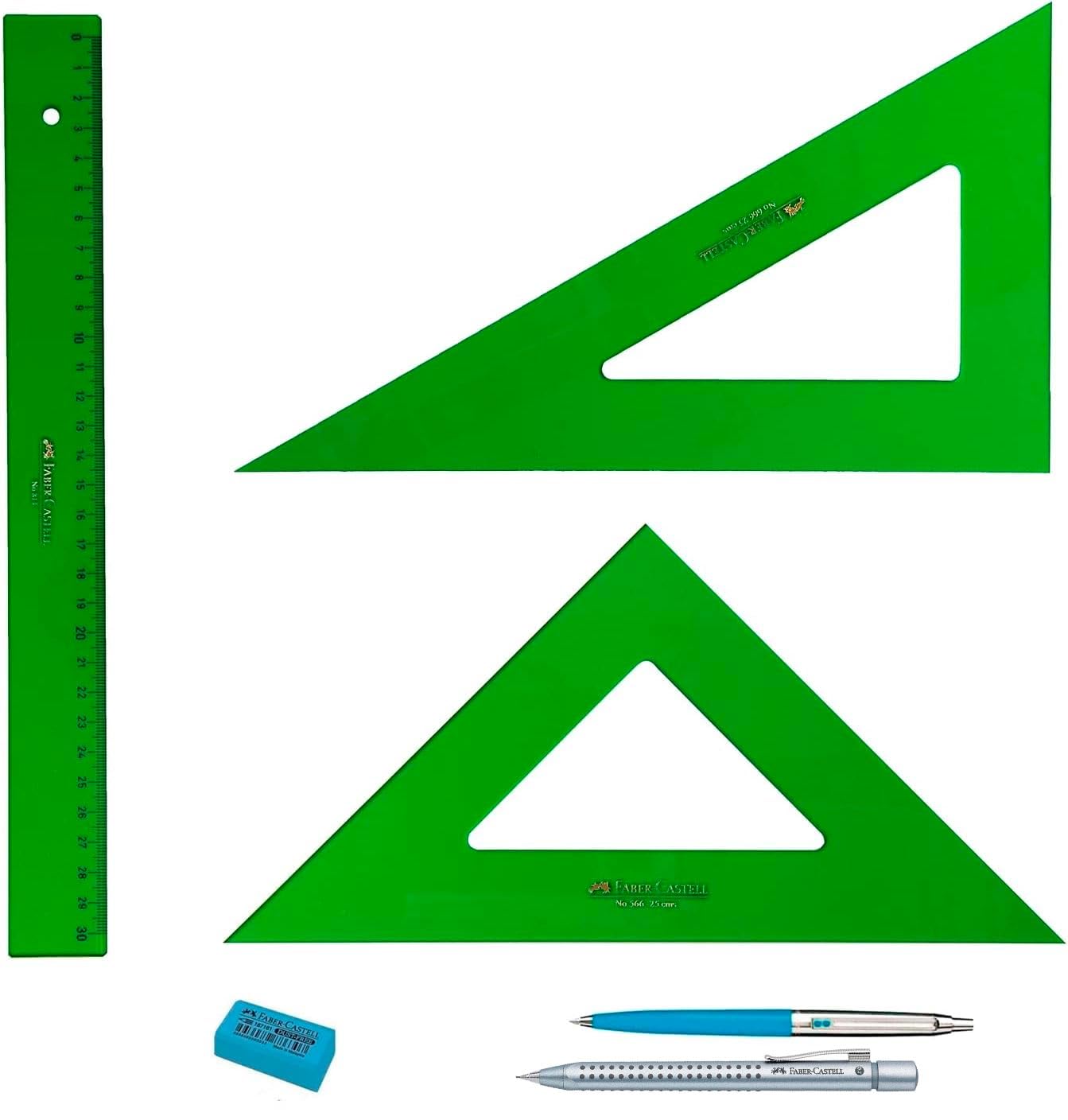 PACK LOTE Faber Castell Técnico - Regla 813-30 Cms + Escuadra 566-25 Cms + Cartabón 666-25 Cms + REGALO
