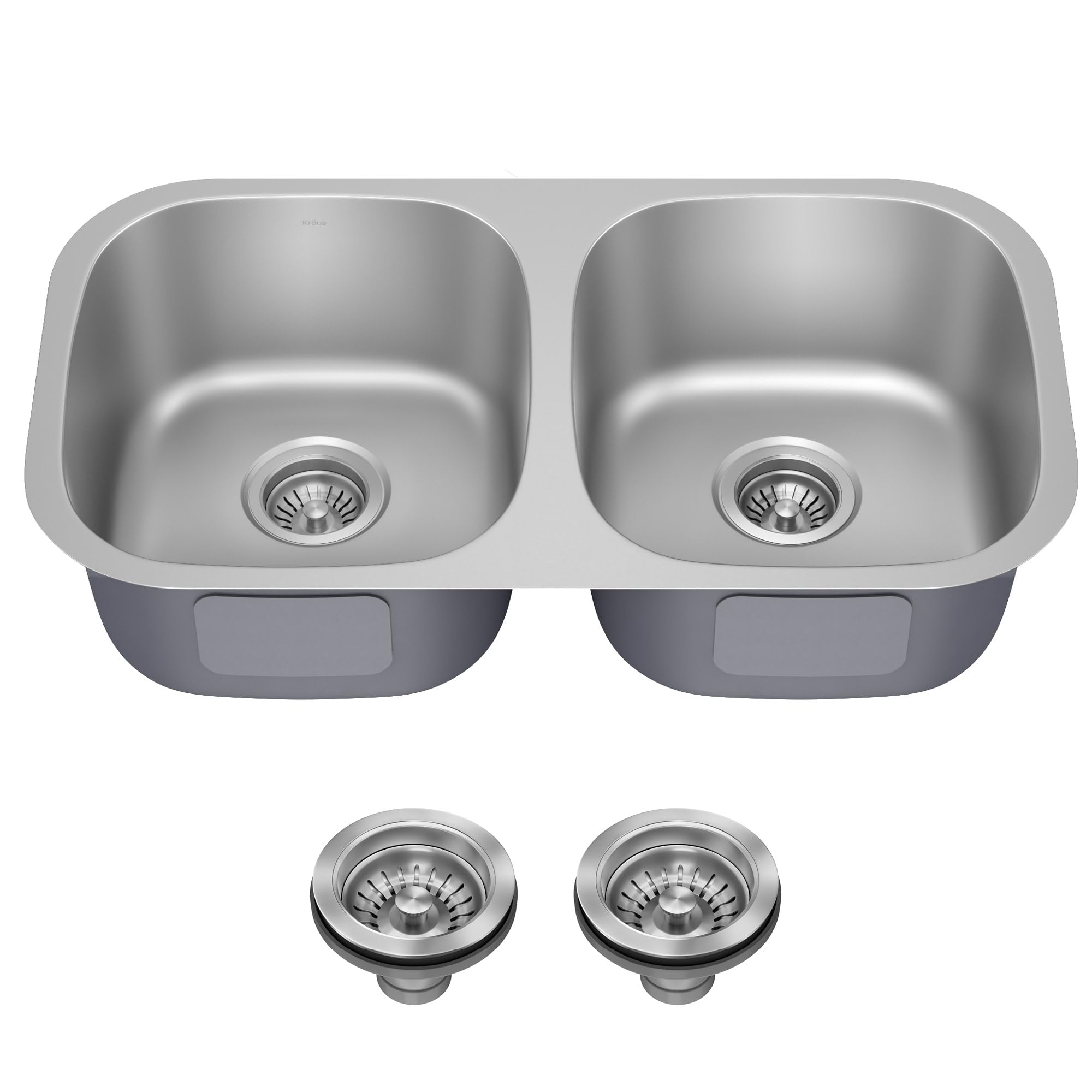 KRAUS Premier 32-inch Undermount 50/50 Double Bowl 18-Gauge Stainless Steel Kitchen Sink with Strainers (x2), KBU22