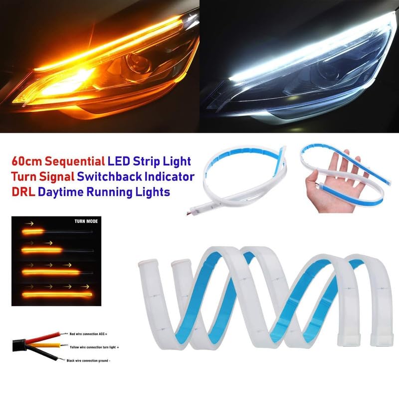 Image of Universal Car DRL LED Strip 60cm | Sequential Flow Turn Signal | White & Yellow Flexible LED Tube Light | Waterproof Auto Accessories (Pack of 2)