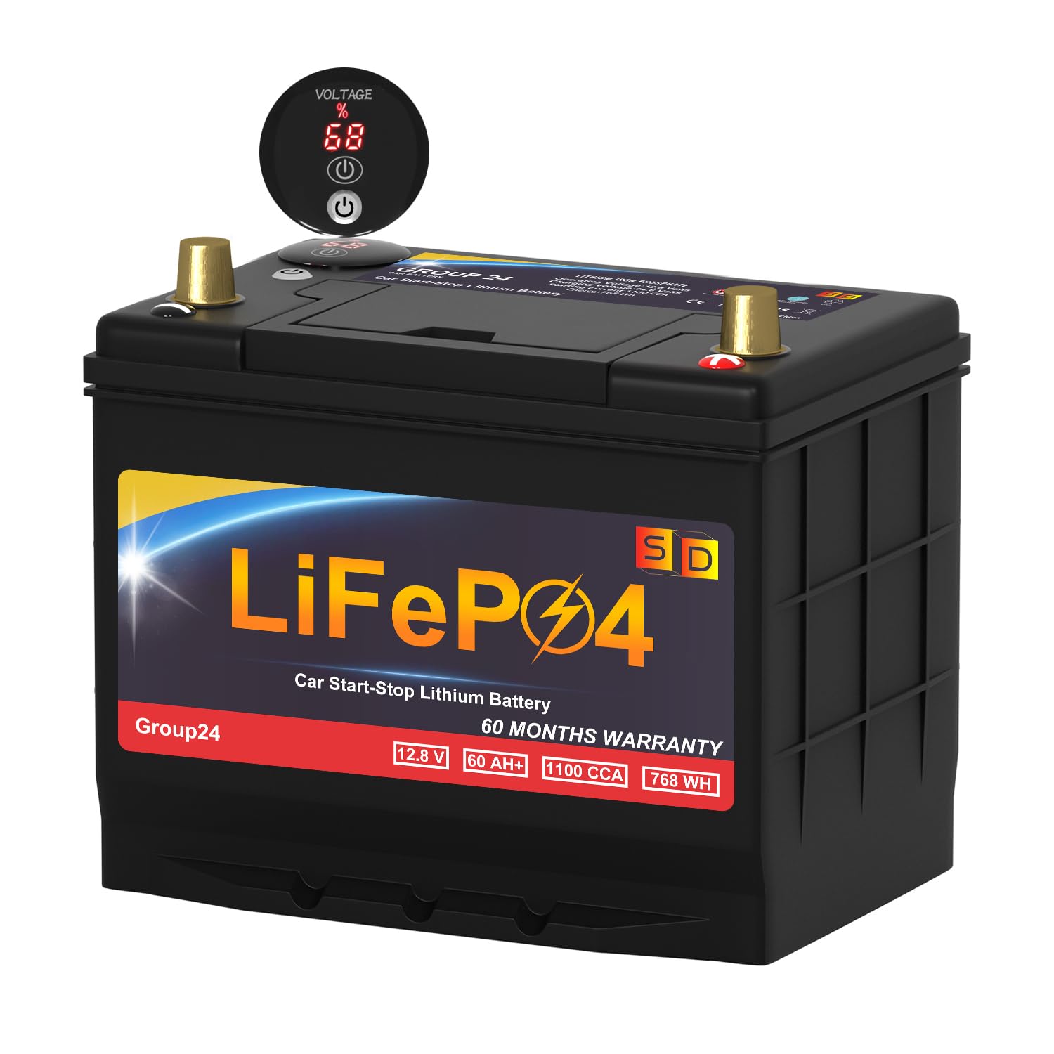 Lithium Start-Stop Car Battery GROUP 24, 12.8V 60Ah 1100CCA LiFePO4 Automotive Battery For Car, 60 Months Warranty