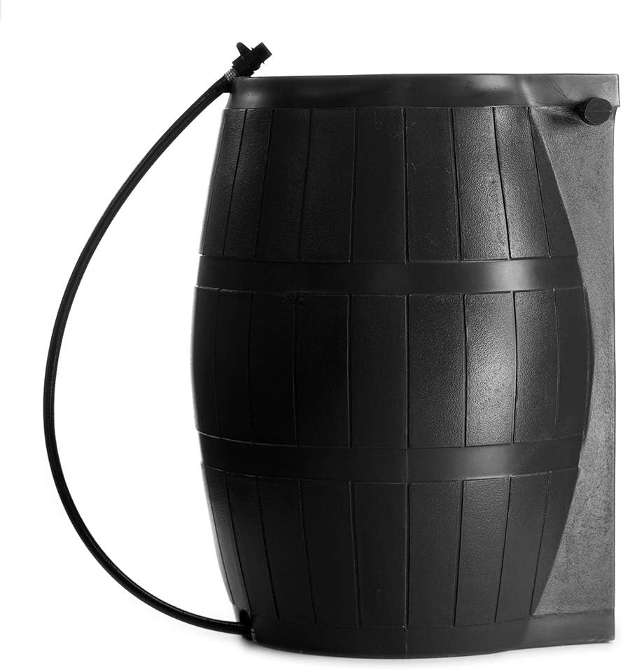FCMP Outdoor RC4000-BLK 50-Gallon BPA Free Flat Back Home Rain Catcher Water Storage Collection Barrel for Watering Outdoor Plants & Gardens, Black