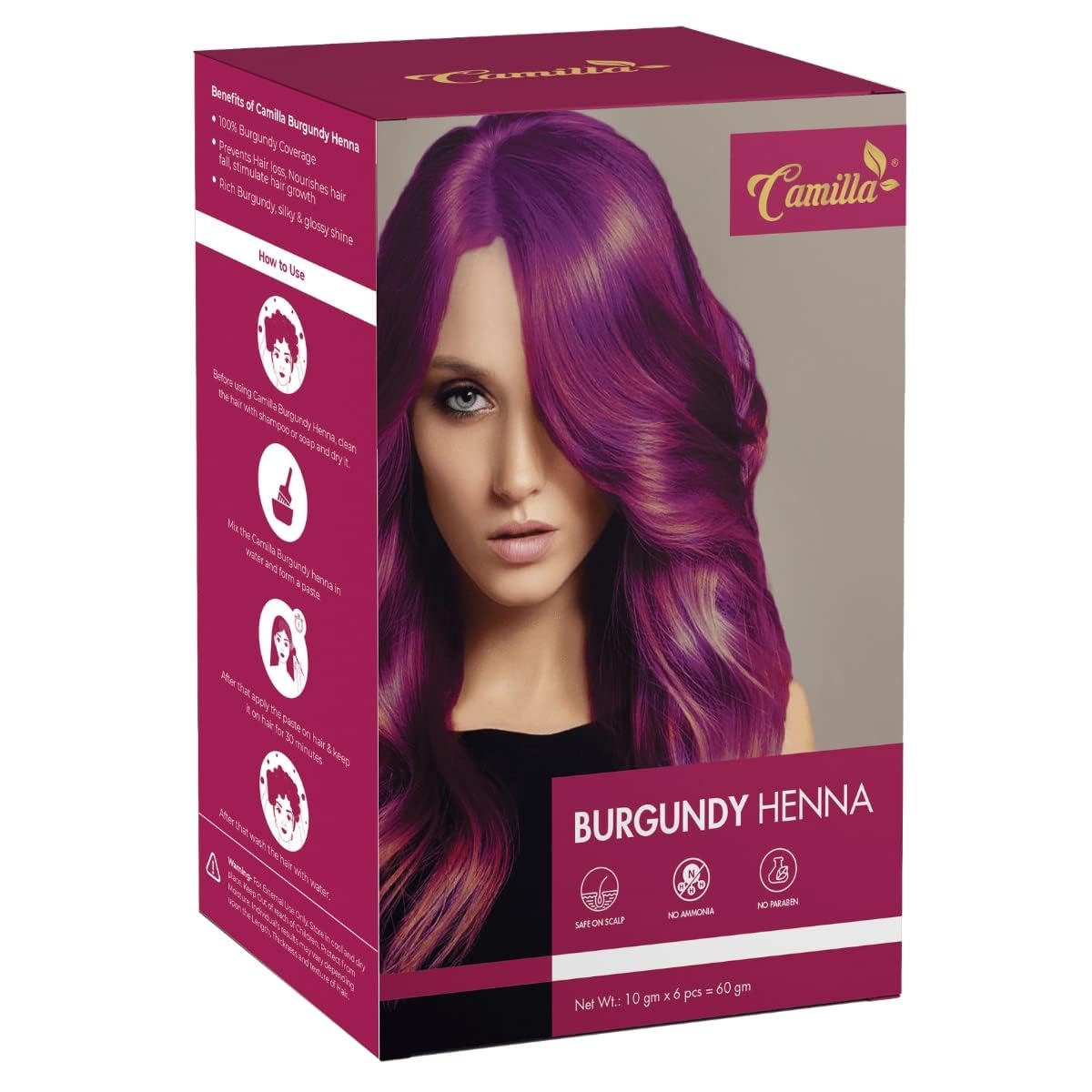 Camilla Hair Color Powder Burgundy | Henna-Based Natural Hair Dye for Women & Men | Ayurvedic Herbal Formula | Ammonia Free, PPD Free, Peroxide Free | Net Wt. 60g (10g x 6 Sachets)