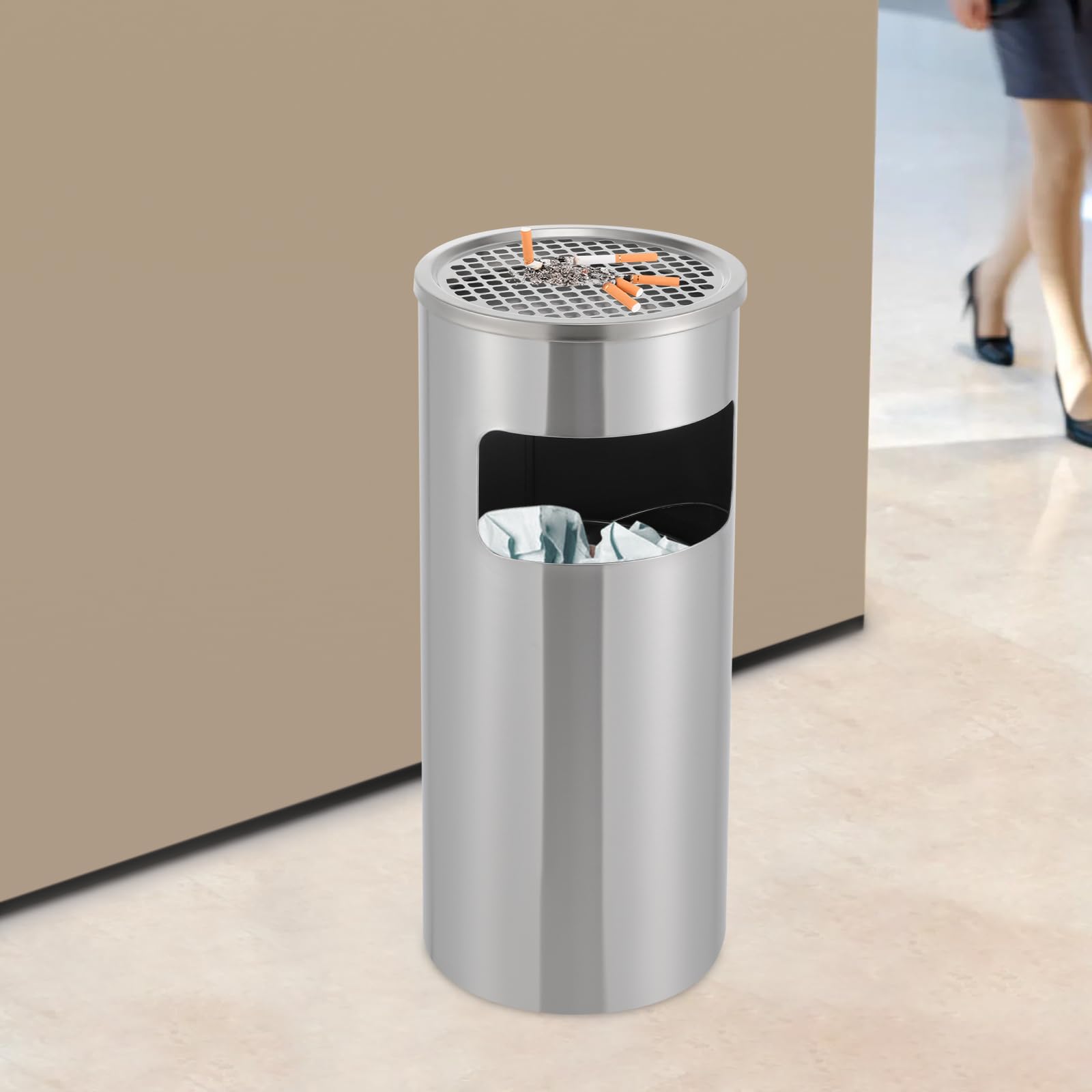 Poubelle Exterieure, Cendrier Sur Pied, Poubelle Avec Seau Interieur, Acier Inoxydable, Anti-Rouille, Grande Capacite, Couvercle Amovible, Facile A Nettoyer, Stable, Balcon, Terrasse, Espace Fumeur