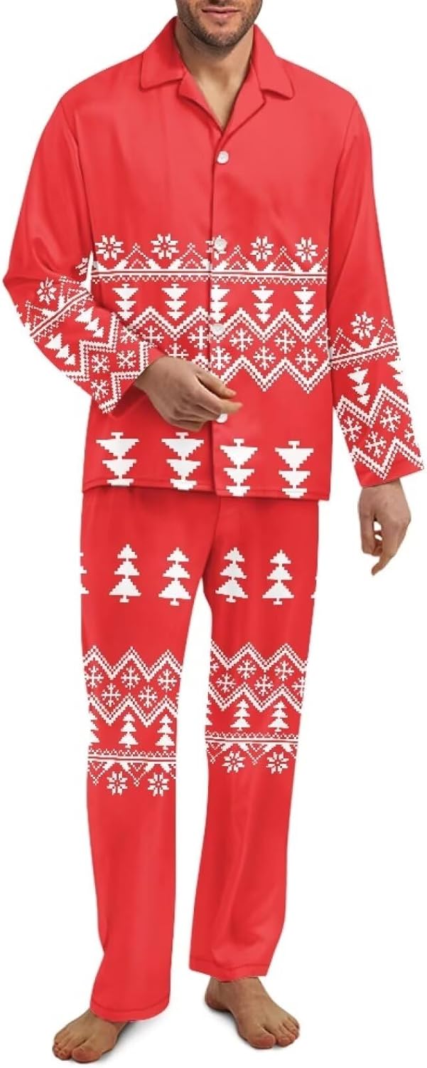 AmzPrint Cardinal Holly Snowflake Print Christmas Beige Pajama Pants For Men Long Sleeve Pajama Sets Men
