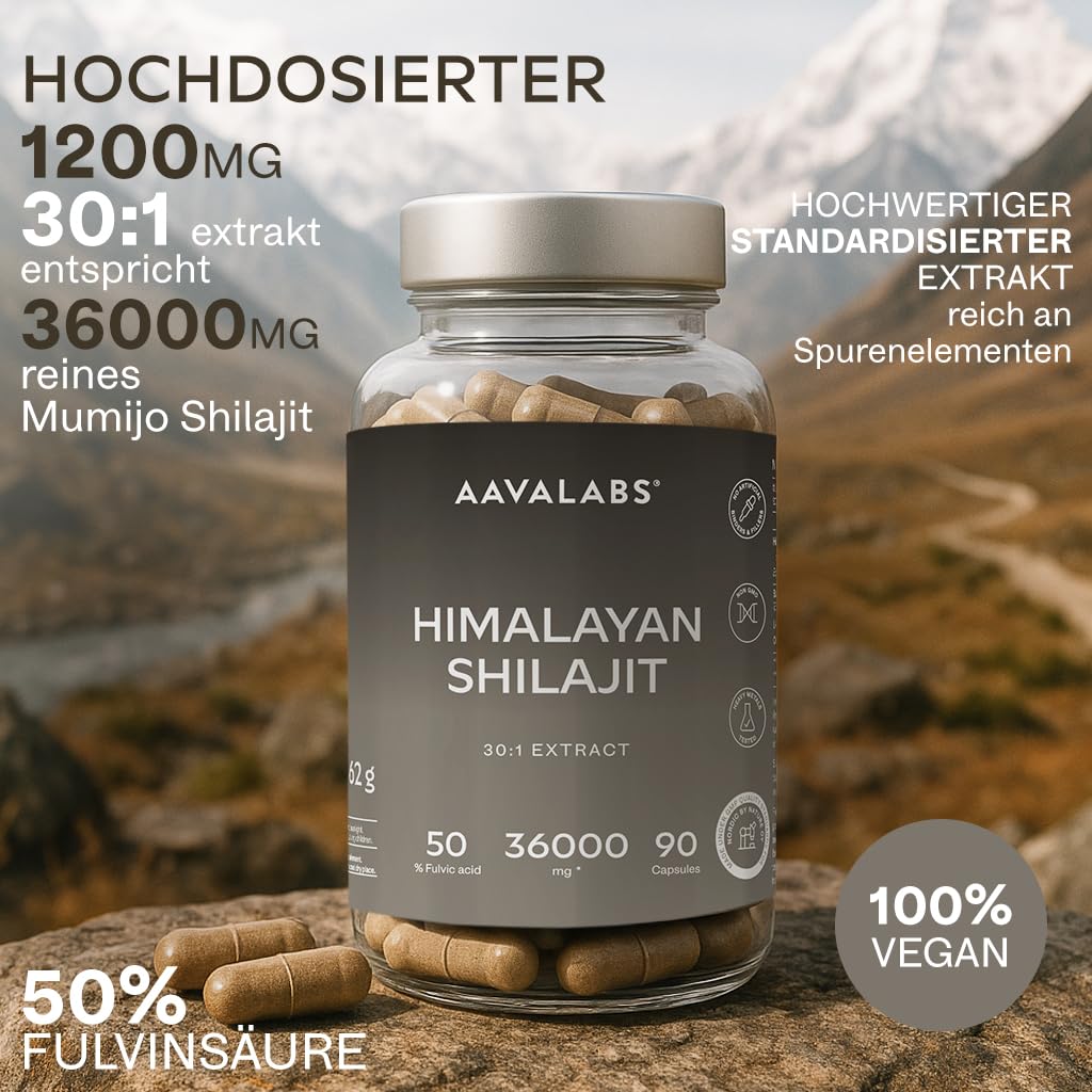 Pure Himalayan Shilajit Kapseln Hochdosiert 36000mg 30:1 Extrakt 50% Fulvinsäure & Huminsäure - Mumijo Shilajit Original Himalaya - Energie & Immunität - 90 Kapseln Vegan & Laborgeprüft