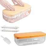 1 Second Release Ice Cube Tray with Lid and Bin, 2 Tier ice molds Make 64 Ice Cubes Big Capacity Bin for Freezer Including Ice Scoop (Blue)