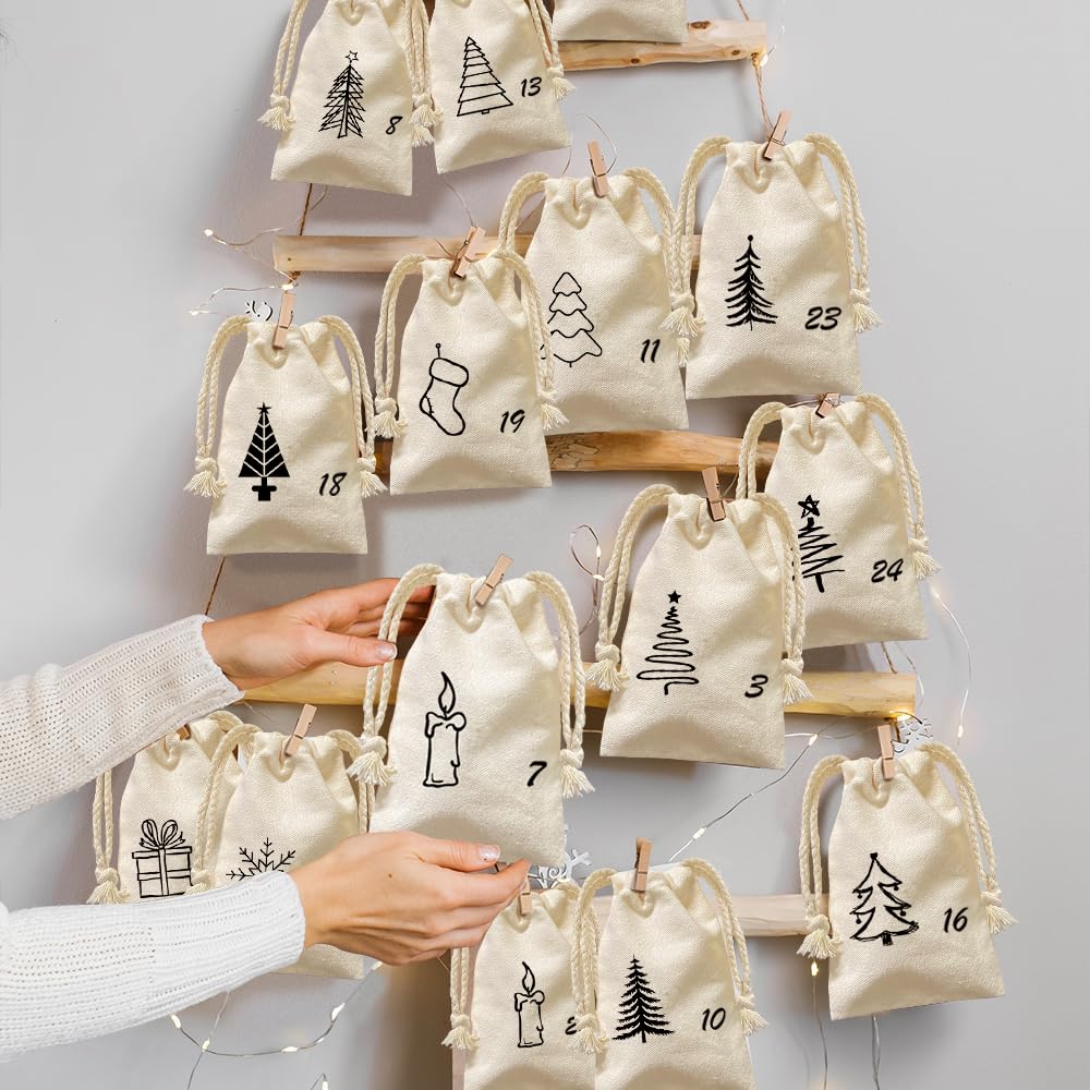 Adventskalender Säckchen Zum Befüllen - 24 Stück Leinen, 3 Größen, Wiederverwendbar