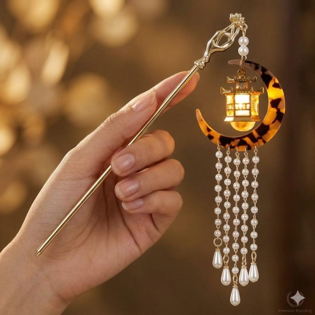 Ashkash 1Pcs Neo-Chinese Style Moon Lantern Artificial Pearl Long Fringe Hair Stick Lamp LED Light Vintage Charm Party Accessories for Women-image-12