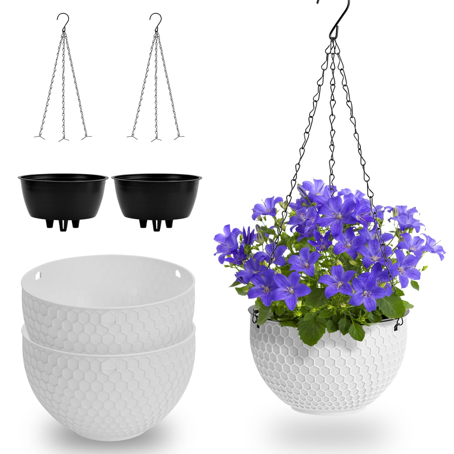 Kunjocy Set of 2 Hanging Planters Plant Pots, 8.3 Inch Self-watering Hanging Basket Outdoor Flower Pot with Drainage Hole Chain for Home Garden Decoration Balcony Ceiling Flower Room (White)