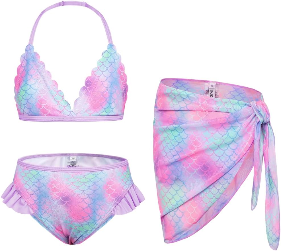 GRACE KARIN Girls 3Pcs Set Swimsuit Bikini Set V-Neck Swim Tops+Briefs+Swim Skirt