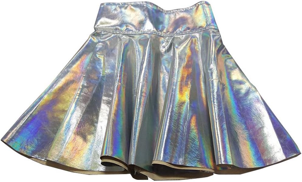 Sfit Women Slim Silver Holographic Skirts Faux Leather Mini Skirt