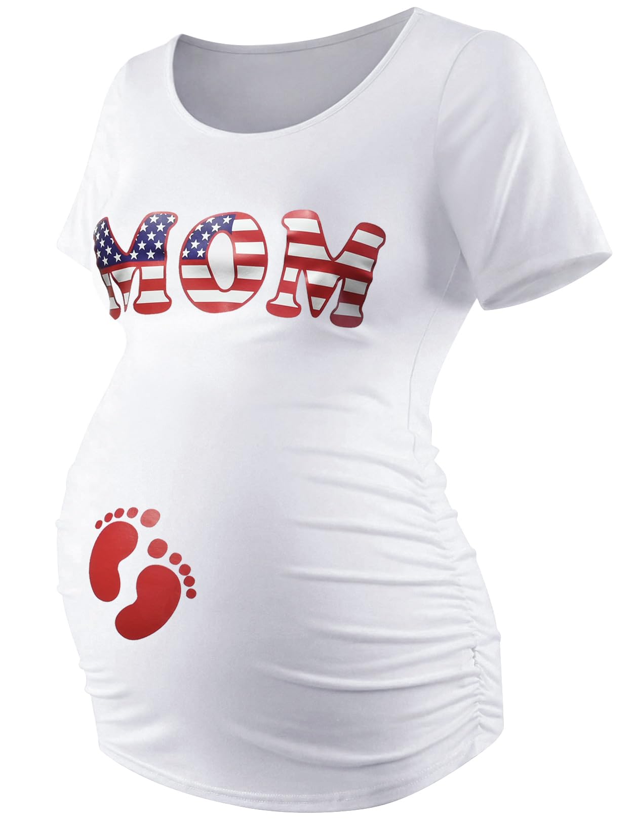 DEBELLYMaternity Shirts Short Sleeve Tops Black Shirts Footprints Pregnancy Ruched Sides Casual Shirt