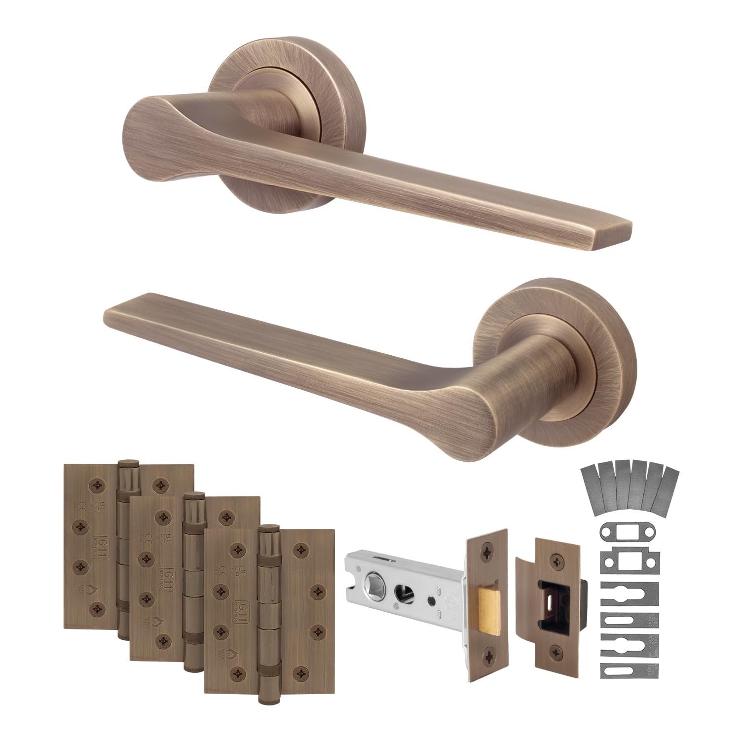 Eai Antique Brass Fire Door Handle Latch Set, Internal Fire Rated Door Handle With 76Mm Latch And 102Mm Hinges, Tarna Range 1 Pack
