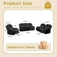 Vista 2 de Juego de sofá reclinable eléctrico de cuero de 3 piezas con carga USB, iluminación ambiental LED y consola de almacenamiento, sofá modular