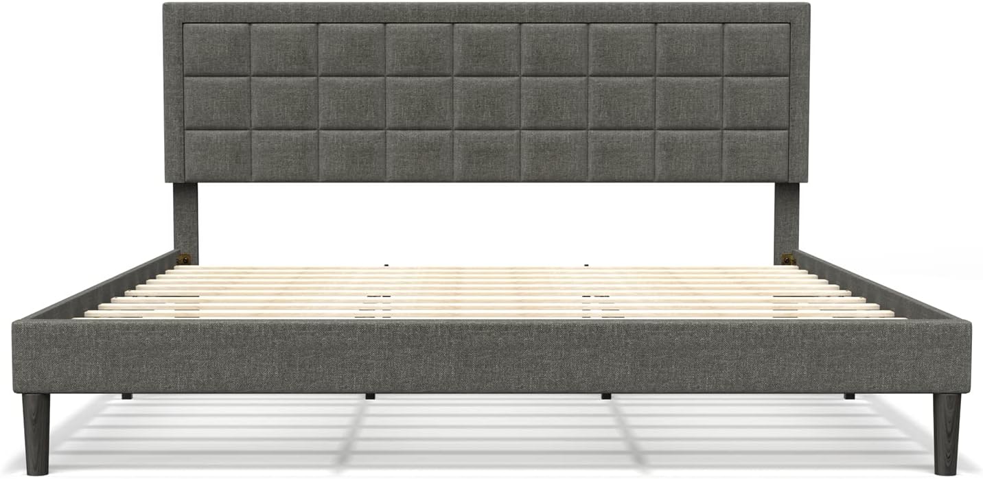 Nazhura King Size Bed Frame Upholstered Modern Low Profile Platform with Tufted Headboard/No Box Spring Needed/Linen Fabric Upholstery/Charcoal Grey (Charcoal Grey, King Size)